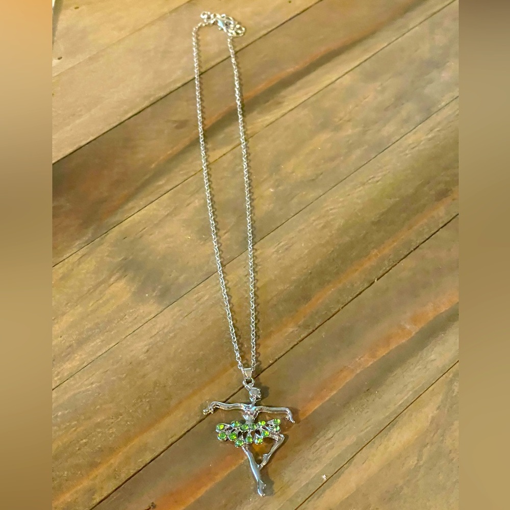 Ballet Dancer, Dancing Emerald Color Gemstones Necklace Silver Plated Ballerina - Picture 9 of 12